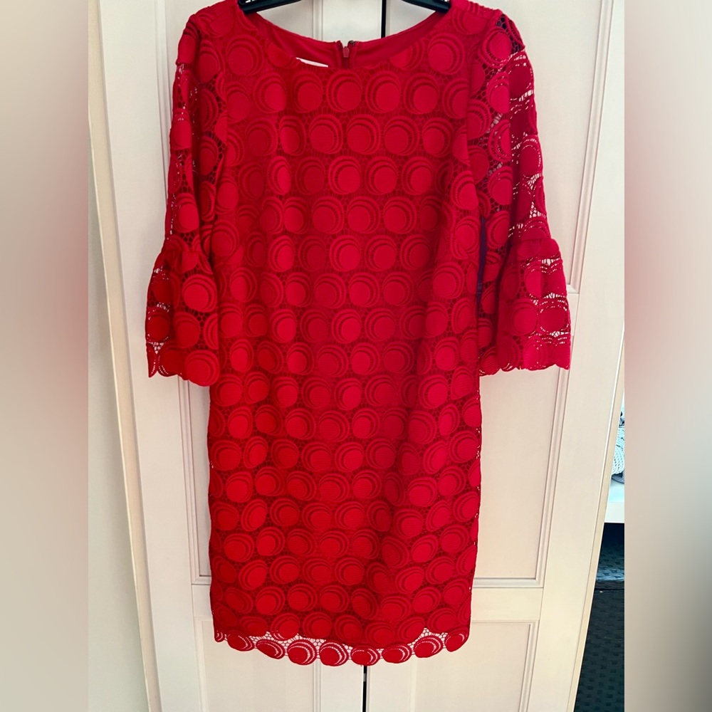 Talbots Red Lace Sheath Dress with Ruffled Bell Sleeves